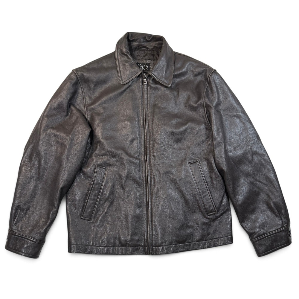 Jos A Bank Brown Genuine Leather Jacket Mens Medium Quilted Lined Zip Up Bomber